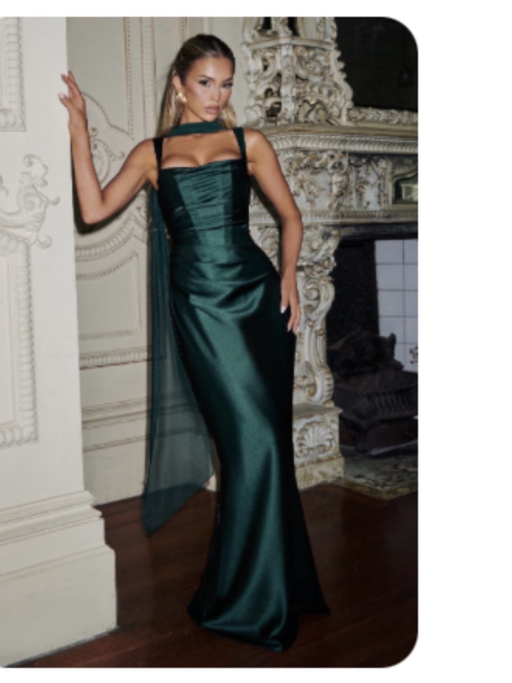 Emerald Satin Maxi Dress with Sheer Scarf Detail